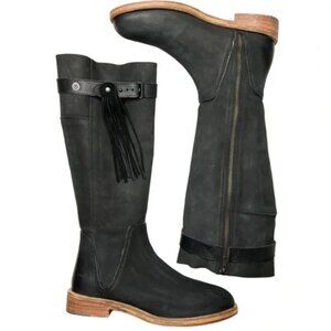 FREE PEOPLE Sayre Black Leather Tall Knee High Tassel Strap Boots Size 39